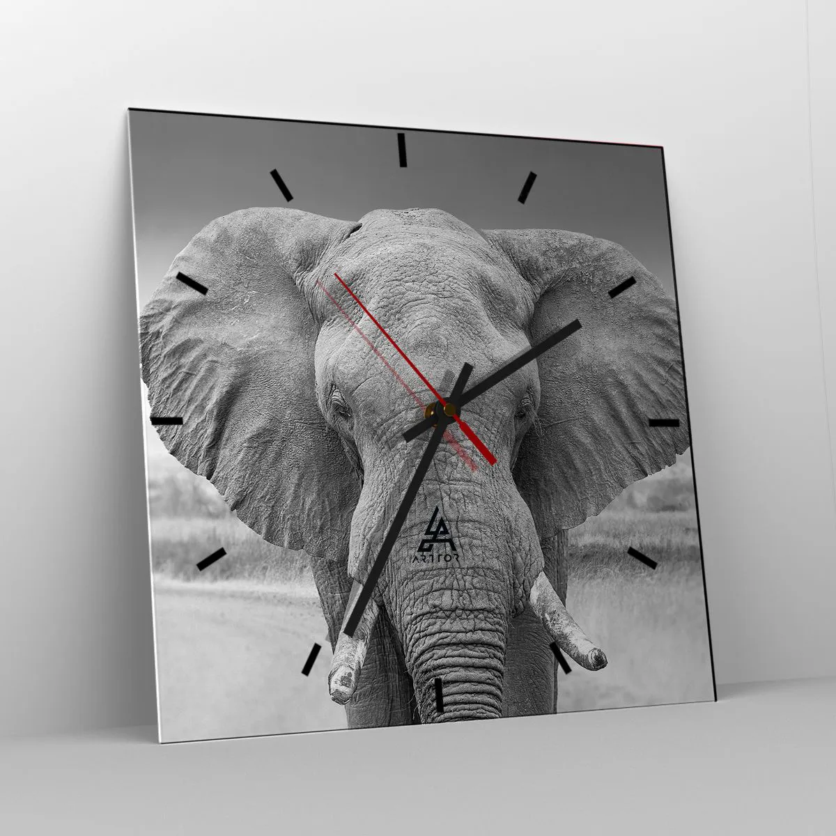 Wanduhr - Glasuhr - Porträt eines Elefanten in Schwarz und Weiß - 30x30cm - Willkommen in meiner Welt - Moderne Wanddekoration für Wohnzimmer und Schlafzimmer ARTTOR