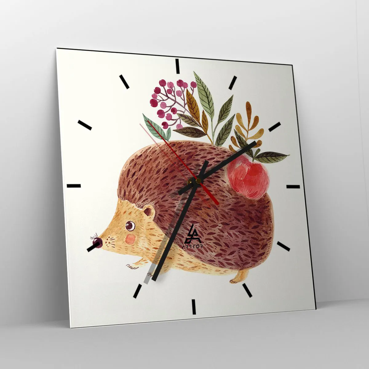 Reloj de pared - Reloj de vidrio - Un lindo erizo con una manzana y plantas en un estilo ilustrativo. - 30x30cm - Y ya te gusto - Decoración de pared moderna para salón y dormitorio ARTTOR