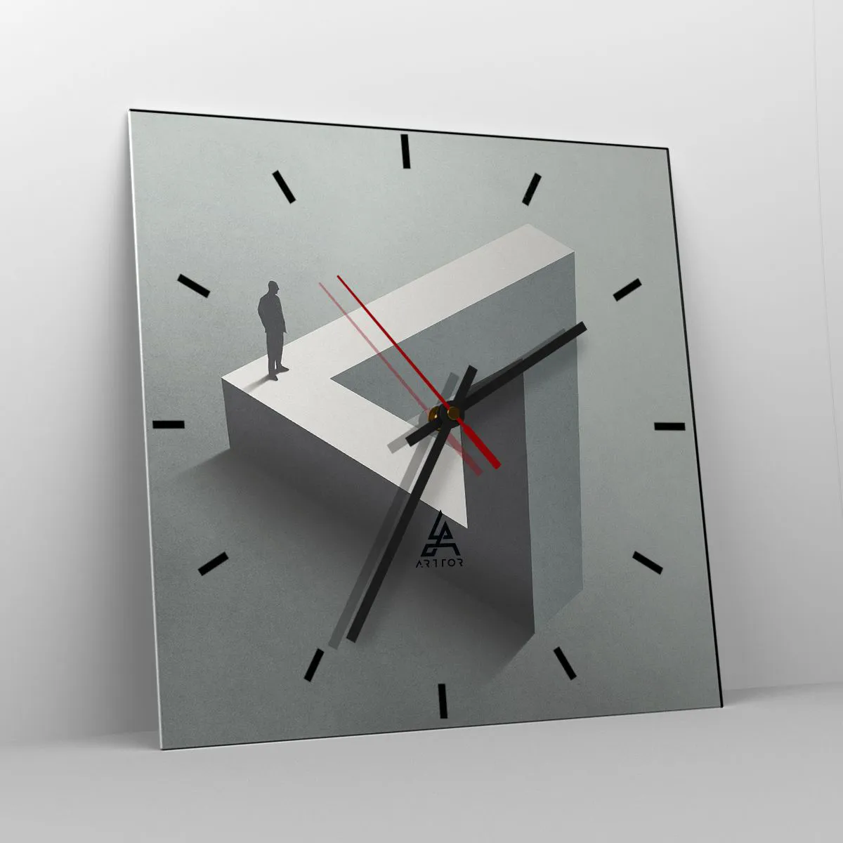 Zegar ścienny - Postać stojąca na trójkącie Penrose’a w szarościach - 30x30cm - A jednak możliwe - Nowoczesna dekoracja ścienna do salonu i sypialni ARTTOR