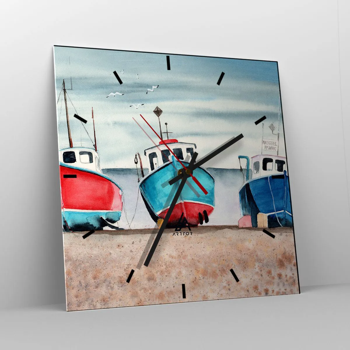 Wanduhr - Glasuhr - Bunte Fischerboote am Ufer in einer Meereslandschaft - 30x30cm - Bereit zum Fang - Moderne Wanddekoration für Wohnzimmer und Schlafzimmer ARTTOR