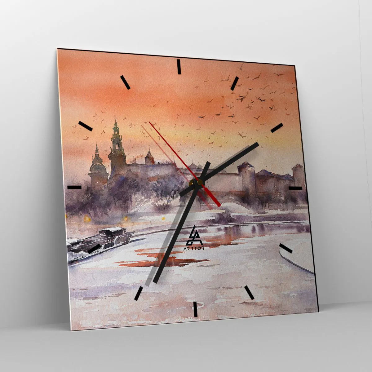 Wanduhr - Glasuhr - Sonnenuntergang über dem Schloss in einer Winterlandschaft - 30x30cm - Königlicher Sonnenuntergang - Moderne Wanddekoration für Wohnzimmer und Schlafzimmer ARTTOR