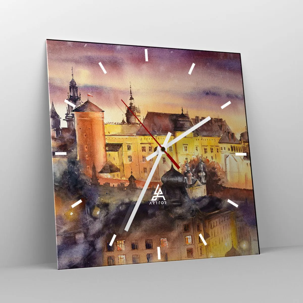 Reloj de pared - Reloj de vidrio - Una pintoresca pintura de acuarela de un castillo al atardecer. - 30x30cm - Una historia y un cuento - Decoración de pared moderna para salón y dormitorio ARTTOR