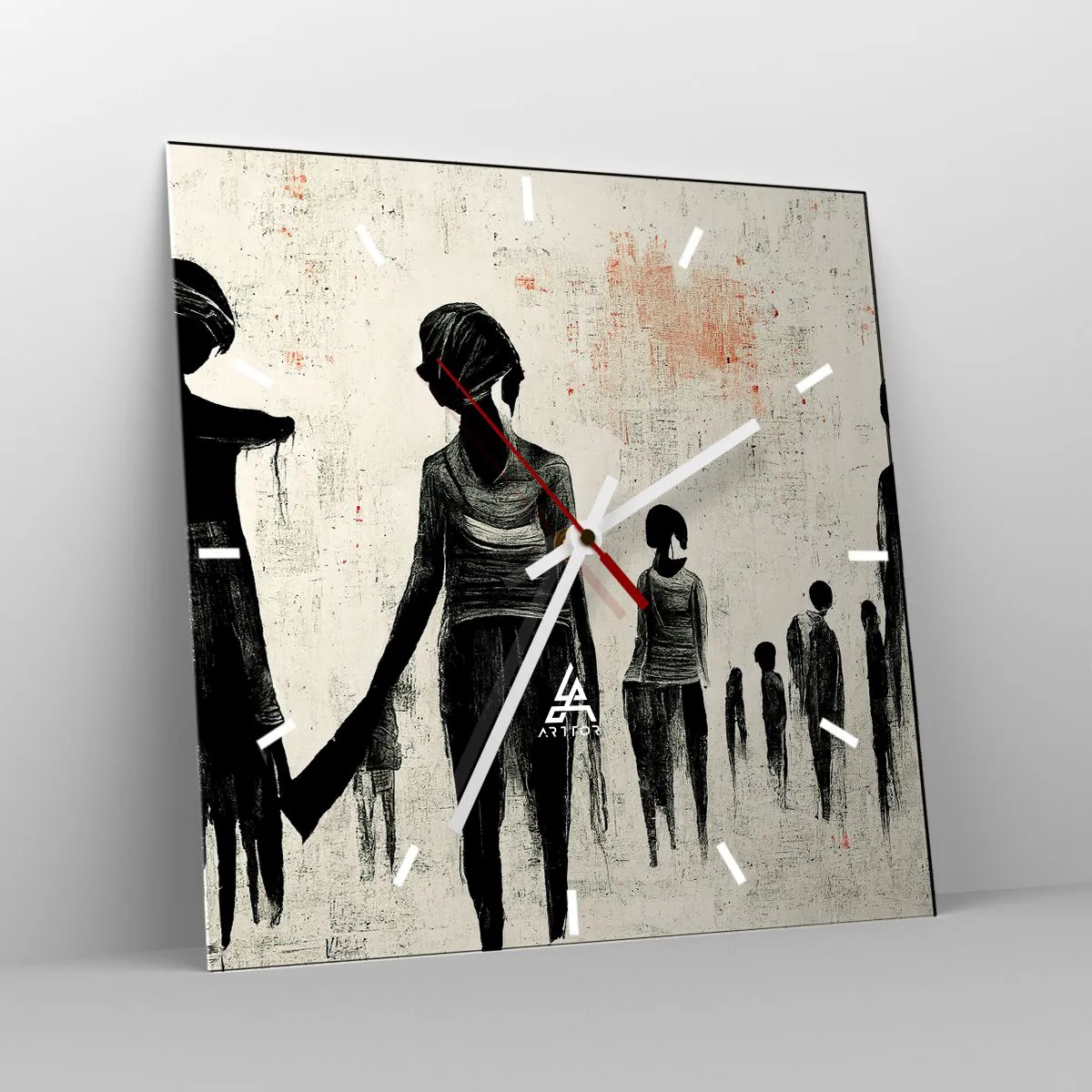 Reloj de pared - Reloj de vidrio - Figuras en una composición monocromática sobre un fondo claro. - 30x30cm - Contra la soledad - Decoración de pared moderna para salón y dormitorio ARTTOR