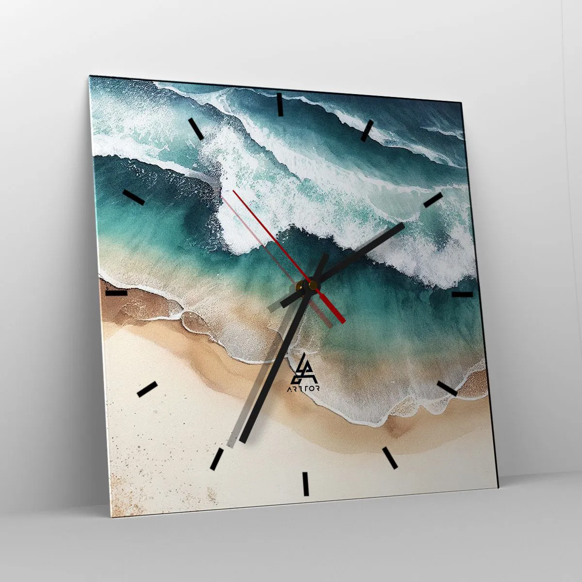 Reloj de pared - Reloj de vidrio - Vista de la playa y las olas del mar en tonos turquesa. - 30x30cm - Un encuentro eterno - Decoración de pared moderna para salón y dormitorio ARTTOR