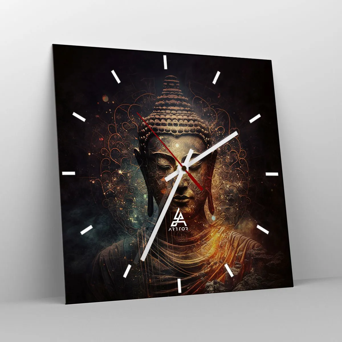 Horloge murale - Pendule murale - Bouddha doré sur fond sombre avec ornements - 30x30cm - Équilibre spirituel - Décoration murale moderne pour le salon et la chambre ARTTOR