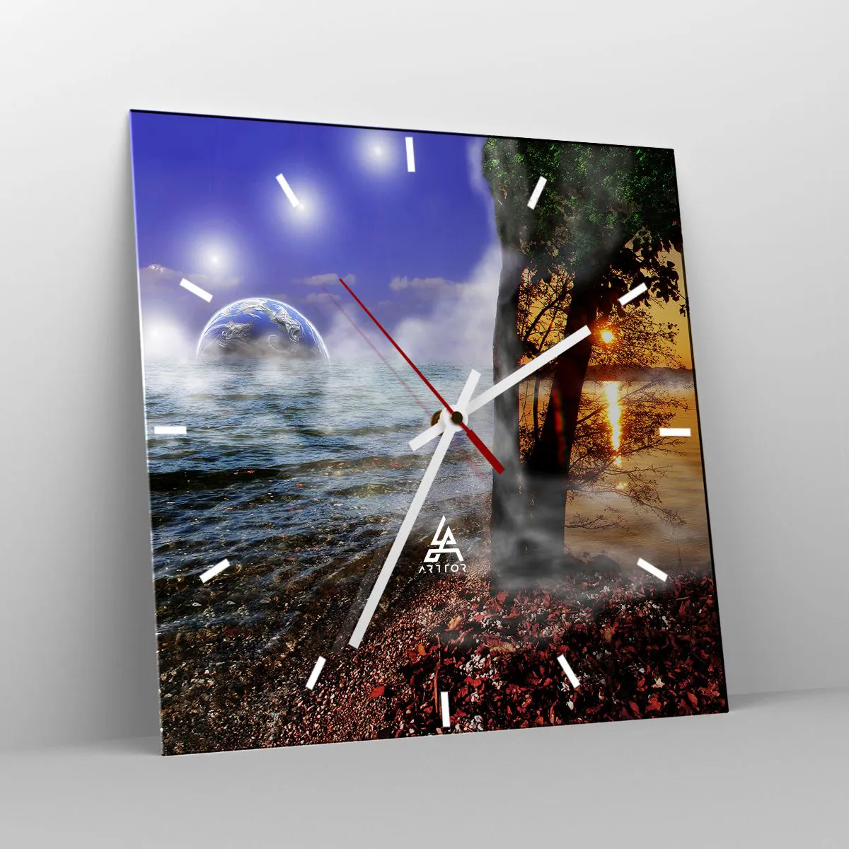 Väggklocka - Klocka på glas - Surrealistiskt landskap - naturens enighet - 40x40 cm