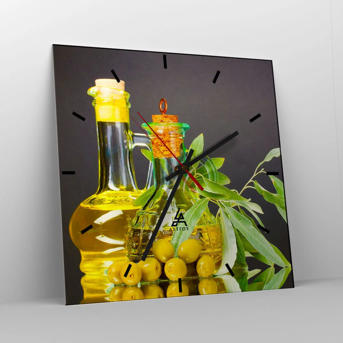 Wanduhr - Glasuhr - Stillleben mit Oliven und Olivenöl - 40x40 cm