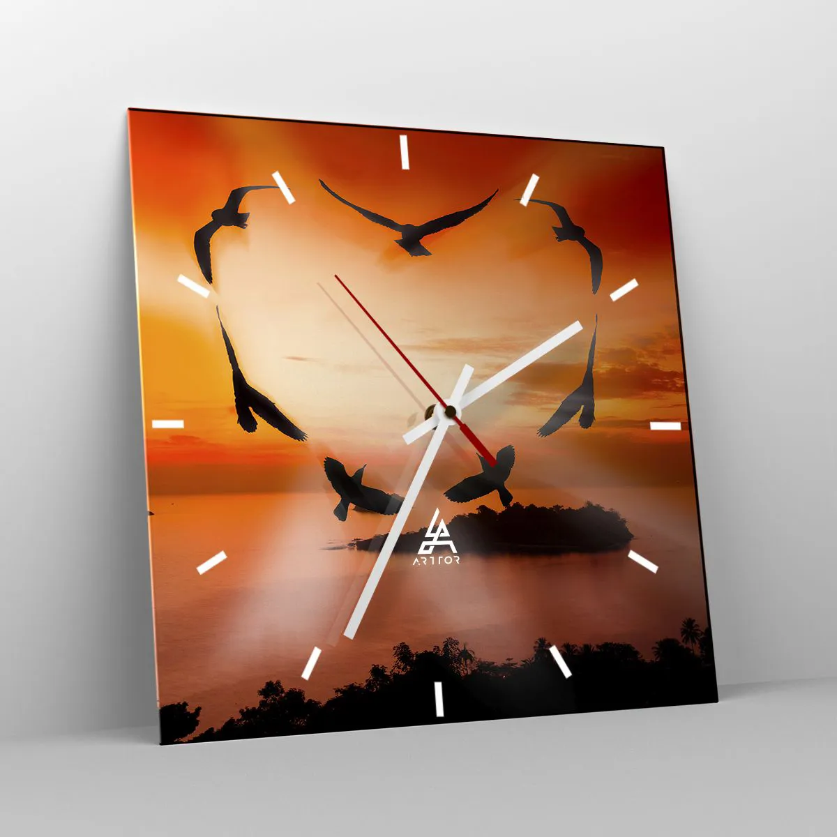 Ceas de perete - Ceas pe sticlă - Iubește lumea ca o pasăre - 40x40 cm