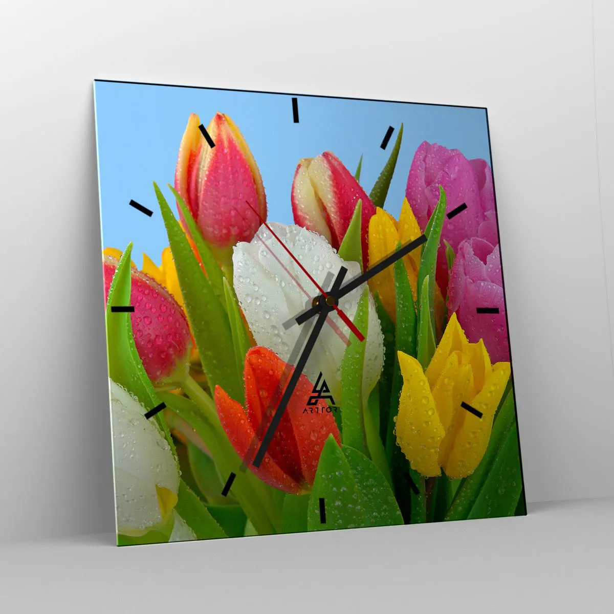 Wall clock - Clock on glass - Floral Rainbow in Dew Drops - 40x40 cm