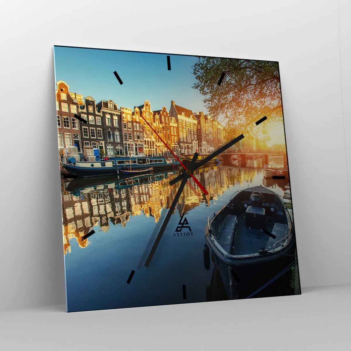 Ceas de perete - Ceas pe sticlă - Dimineața în Amsterdam - 40x40 cm