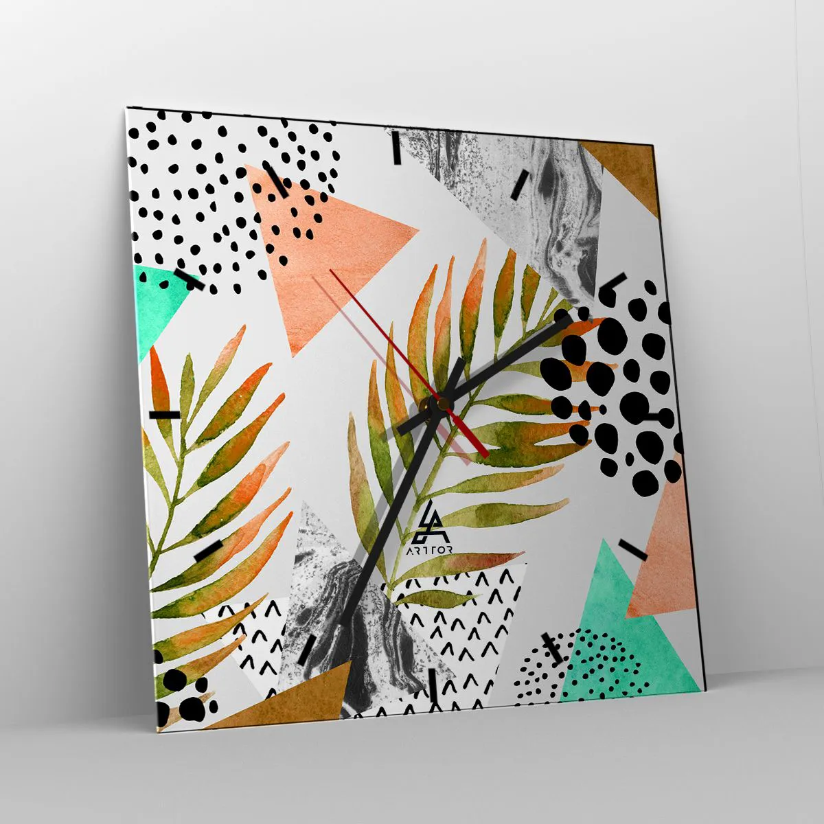 Ceas de perete - Ceas pe sticlă - Decorațiuni cu frunze de palmier - 40x40 cm