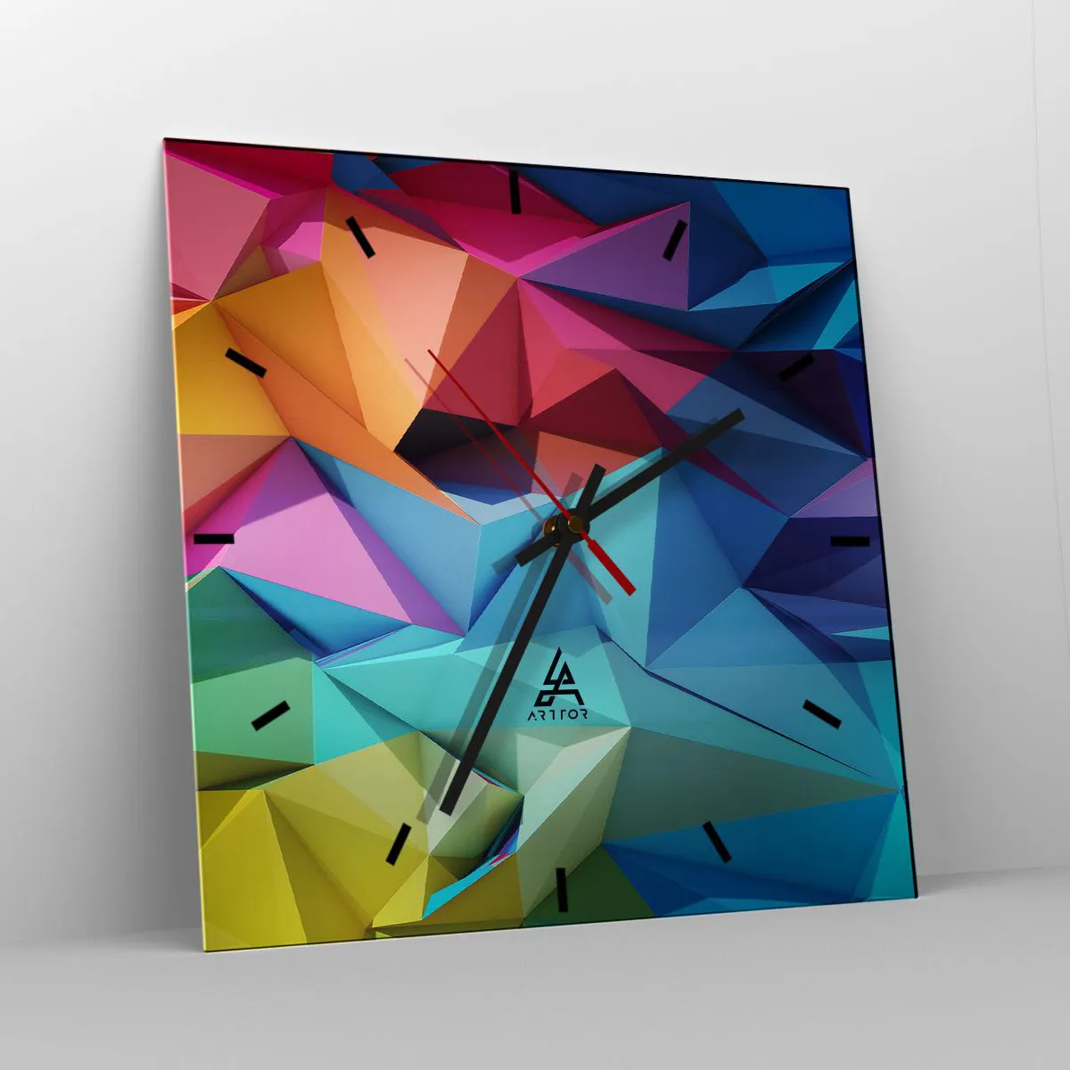 Relógio de parede - Relógio em vidro - Arco-íris de origami - 40x40 cm