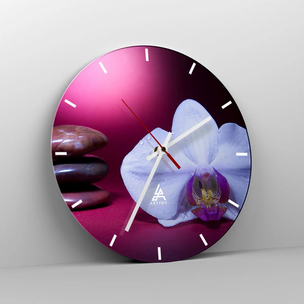 Wall clock - Clock on glass - A white orchid against a background of stones and purple - 30x30cm - Study of Freshness in Purple - Modern wall decoration for the living room, kitchen, and bedroom ARTTOR