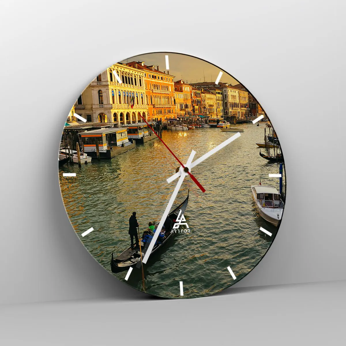 Wall clock - Clock on glass - A canal in Venice with gondolas and illuminated buildings - 30x30cm - On the Sunny side of a Street - Modern wall decoration for the living room, kitchen, and bedroom ARTTOR