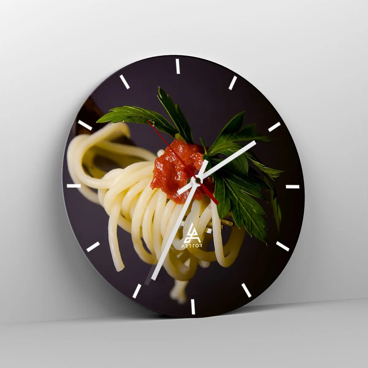 Nástěnné hodiny - Špagety s rajčatovou omáčkou a bylinkami - 30x30cm - Chutný kousek - Moderní nástěnná dekorace do obývacího pokoje, kuchyně a ložnice ARTTOR