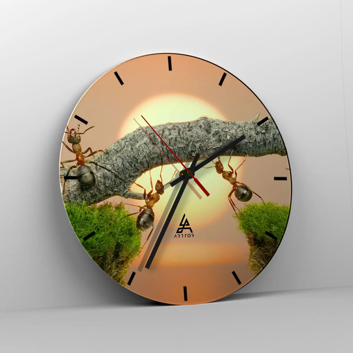 Väggklocka - Klocka på glas - Myror på en gren i ljuset av den nedgående solen - 30x30cm - Glatt, gemensamt arbete - Modern väggdekoration för vardagsrum, kök och sovrum ARTTOR
