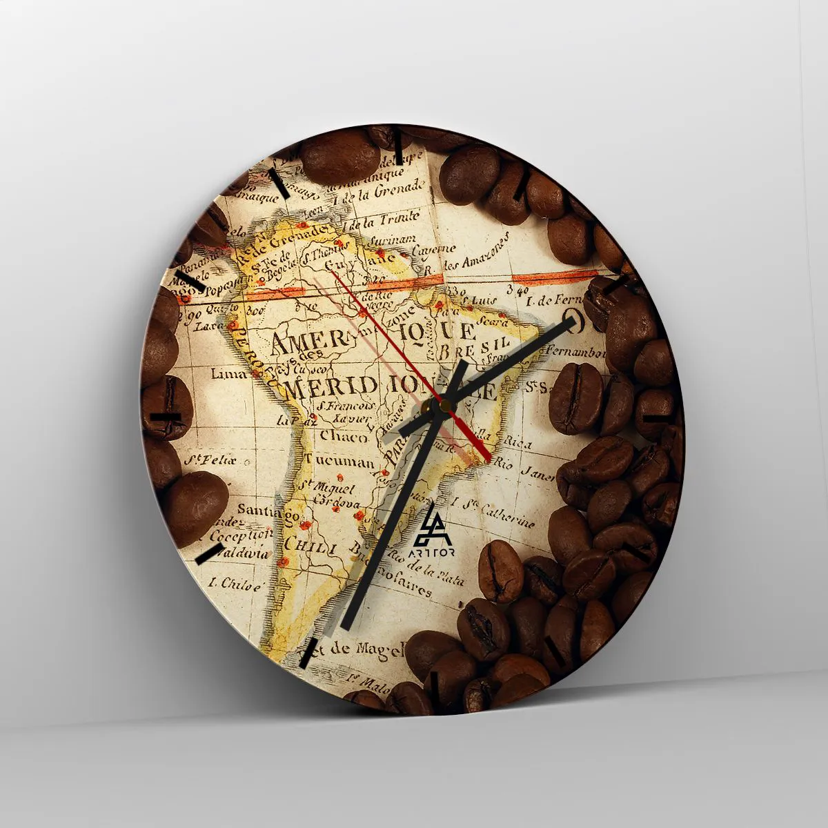 Wall clock - Clock on glass - Map of South America with coffee beans - 30x30cm - Where Does the Best Coffee Come from? - Modern wall decoration for the living room, kitchen, and bedroom ARTTOR