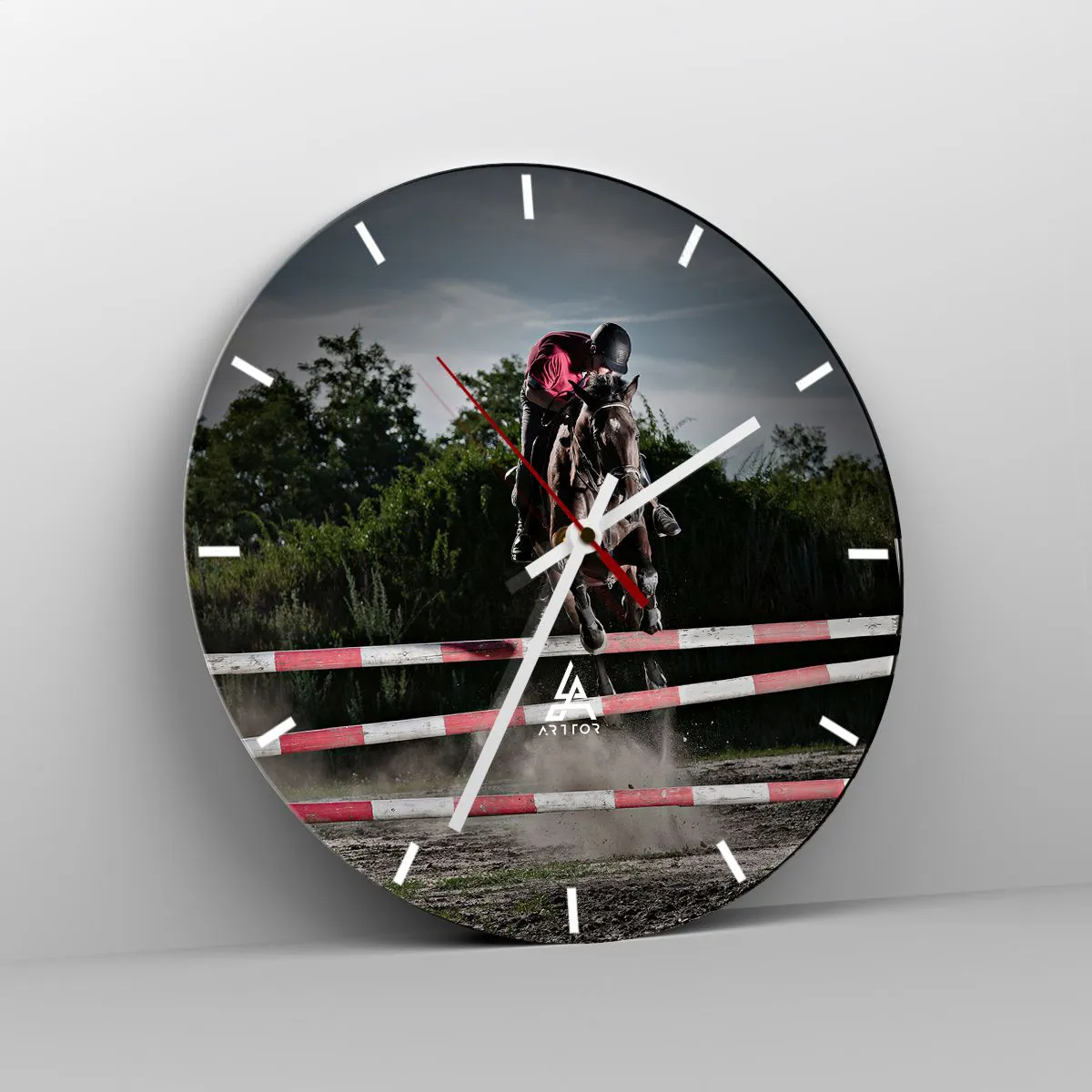 Wall clock - Clock on glass - A horse jumper during an equestrian competition - 30x30cm - Together for Victory - Modern wall decoration for the living room, kitchen, and bedroom ARTTOR