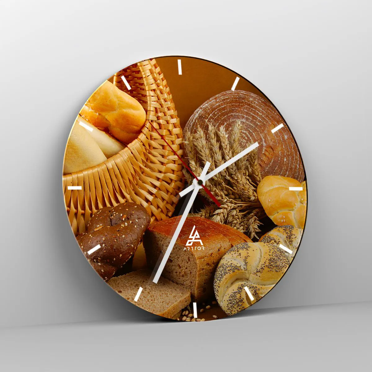 Wall clock - Clock on glass - A composition of bread and cereals in a rustic basket - 30x30cm - We've Baked It! - Modern wall decoration for the living room, kitchen, and bedroom ARTTOR