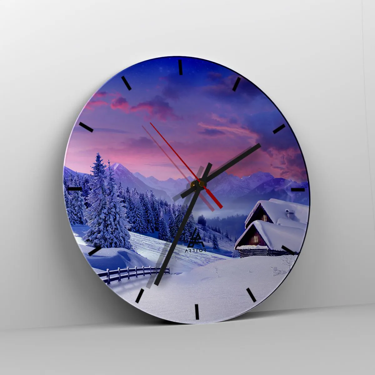 Ceas de perete - Ceas pe sticlă - Peisaj de iarnă cu o cabană în munți la apus - 30x30cm - Noapte liniștită - Decorațiune modernă pentru perete pentru living, bucătărie și dormitor ARTTOR