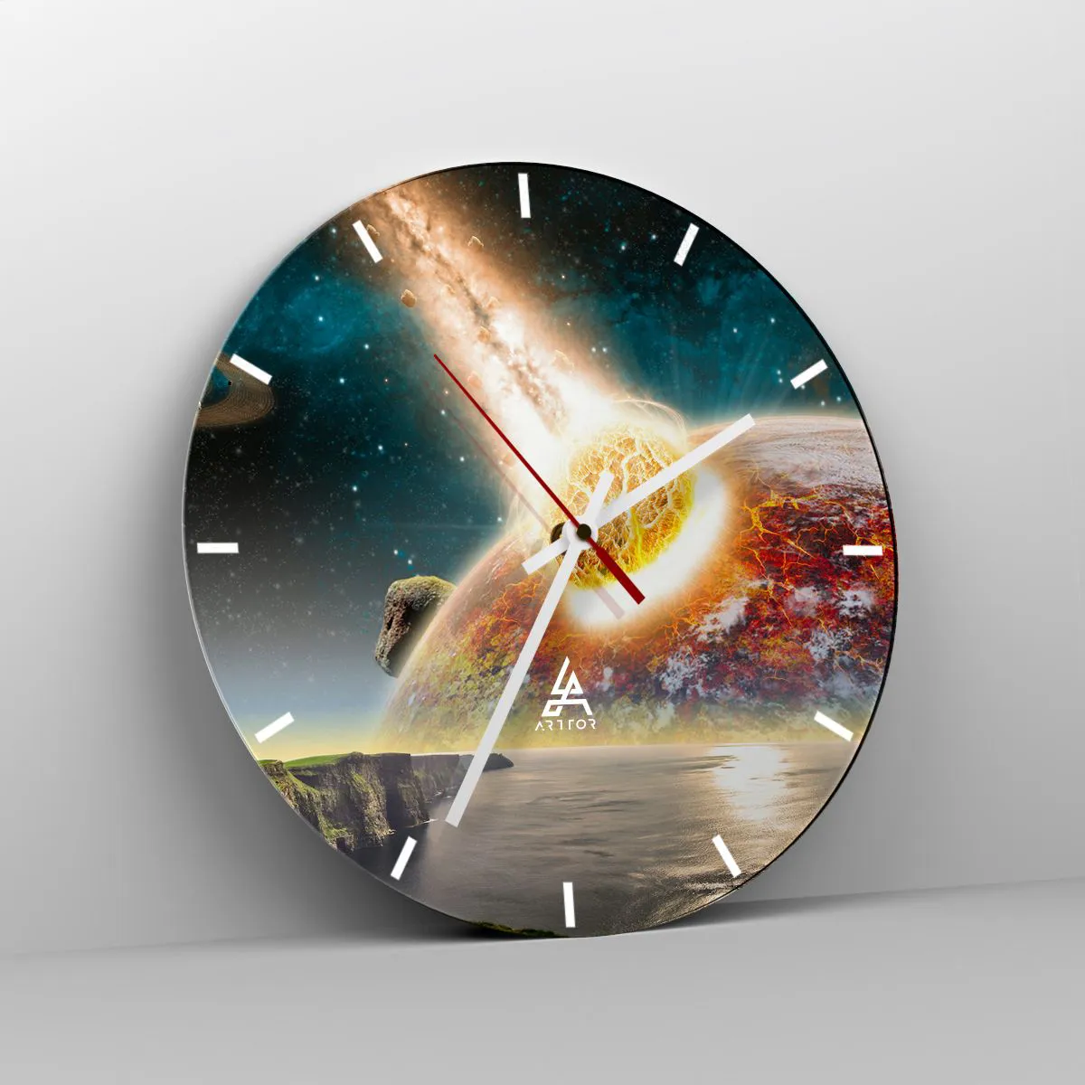 Ceas de perete - Ceas pe sticlă - Coliziunea unui asteroid cu Pământul în fundalul cosmic - 30x30cm - Drama spațială - Decorațiune modernă pentru perete pentru living, bucătărie și dormitor ARTTOR