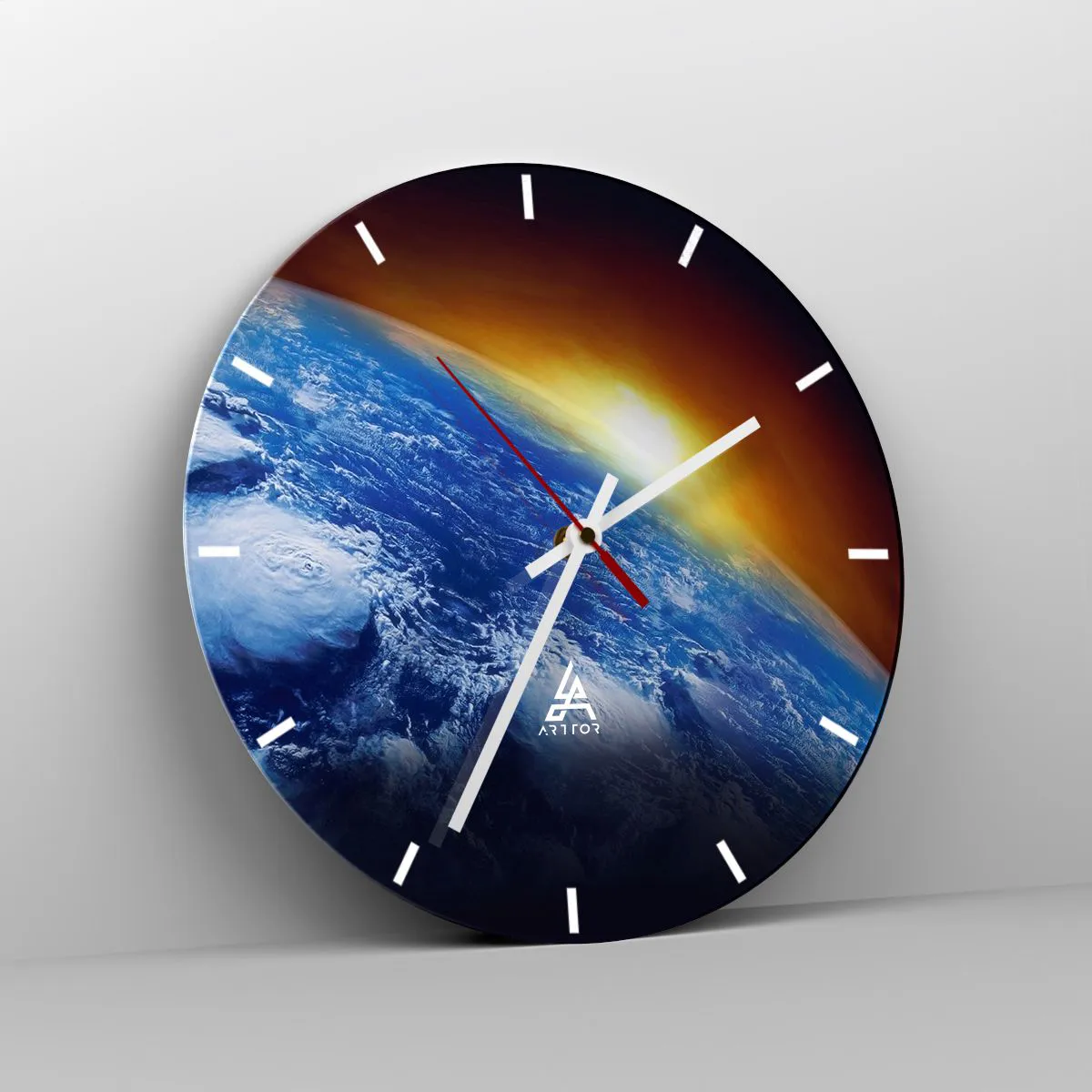 Wall clock - Clock on glass - Sunrise over Earth as seen from space - 30x30cm - Sunrise by the Blue Planet - Modern wall decoration for the living room, kitchen, and bedroom ARTTOR
