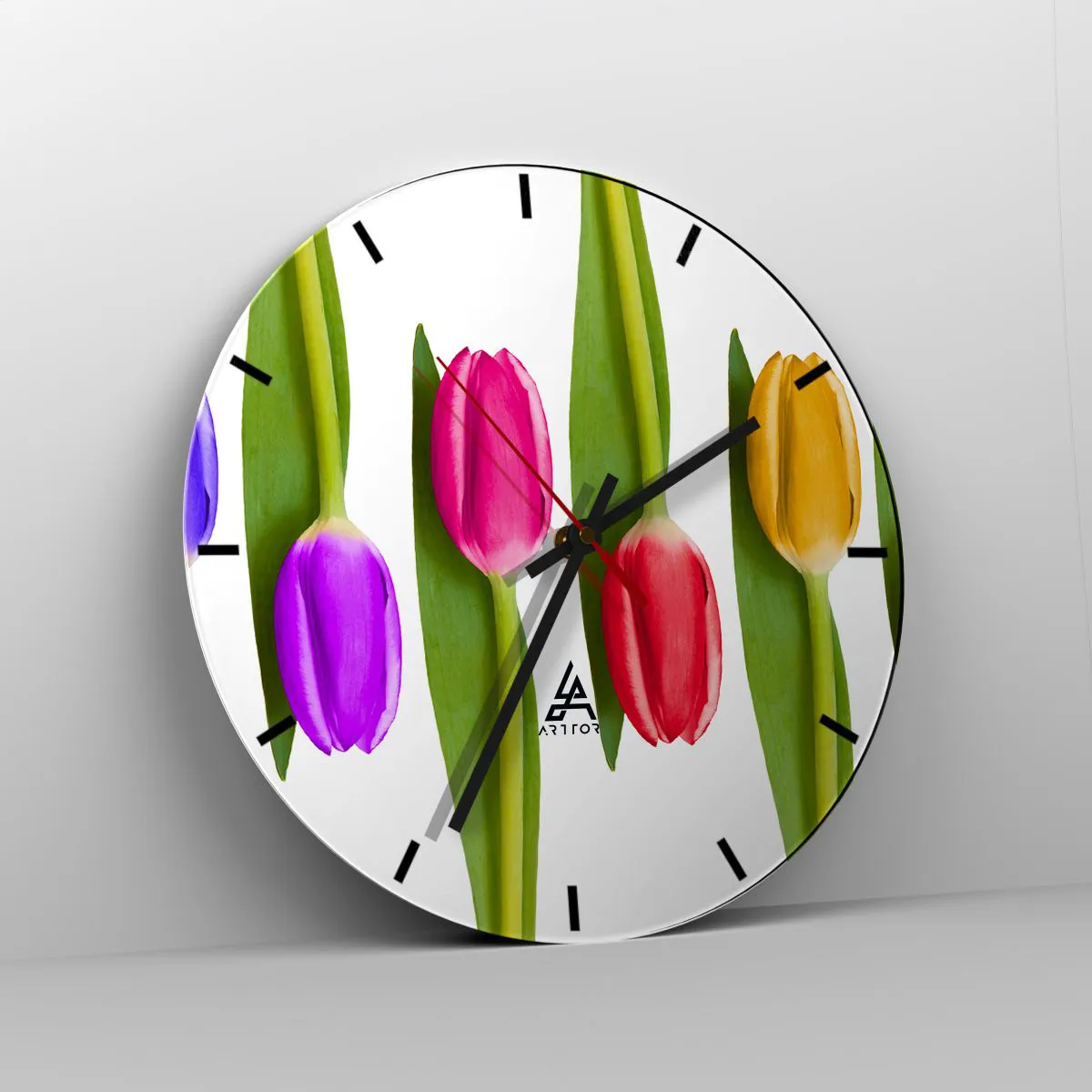 Ceas de perete - Ceas pe sticlă - Lalele colorate pe fundal alb - 30x30cm - Compoziție curcubeu - Decorațiune modernă pentru perete pentru living, bucătărie și dormitor ARTTOR