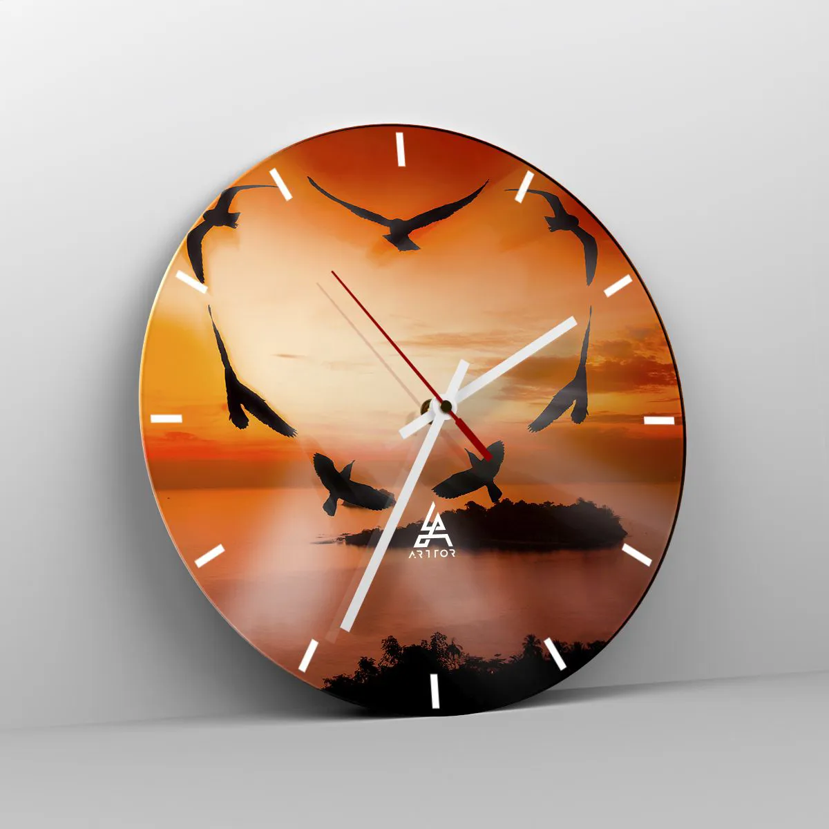 Reloj de pared - Reloj de vidrio - Pájaros sobre la isla al atardecer - 30x30cm - Ama el mundo como los pájaros - Decoración de pared moderna para salón, cocina y dormitorio ARTTOR