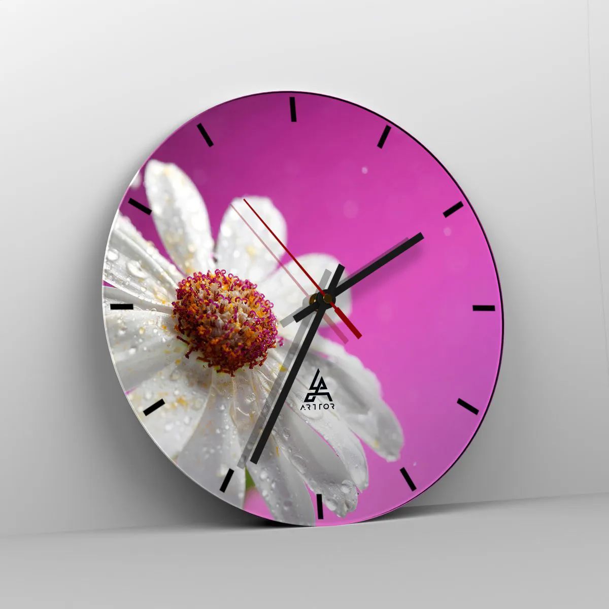 Ceas de perete - Ceas pe sticlă - O margaretă albă acoperită cu picături de apă pe un fundal roz - 30x30cm - Modestă în frumusețea ei - Decorațiune modernă pentru perete pentru living, bucătărie și dormitor ARTTOR