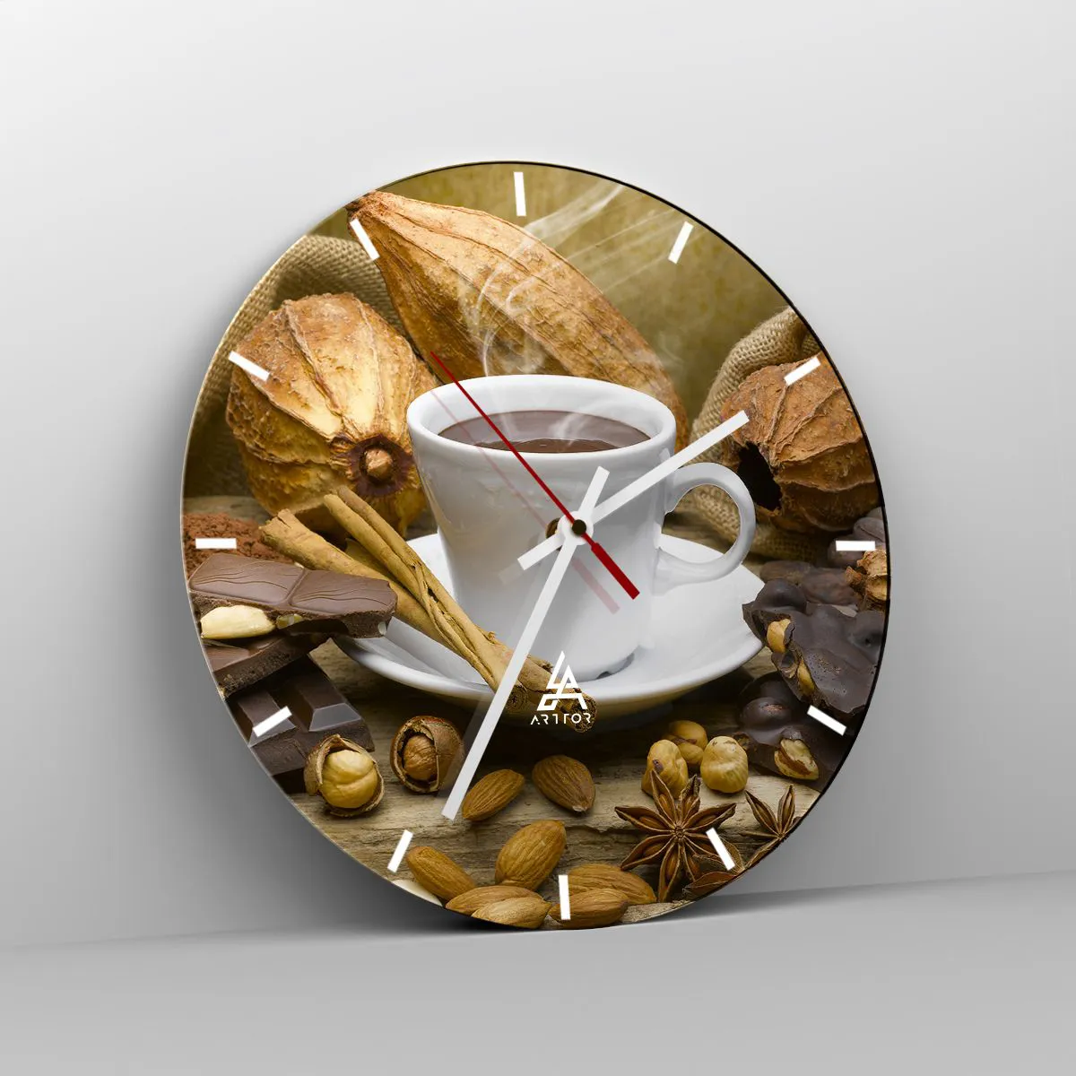 Relógio de parede - Relógio em vidro - Uma xícara de chocolate quente com especiarias e grãos de cacau - 30x30cm - Para os que procuram emoções - Decoração de parede moderna para a sala de estar, cozinha e quarto ARTTOR