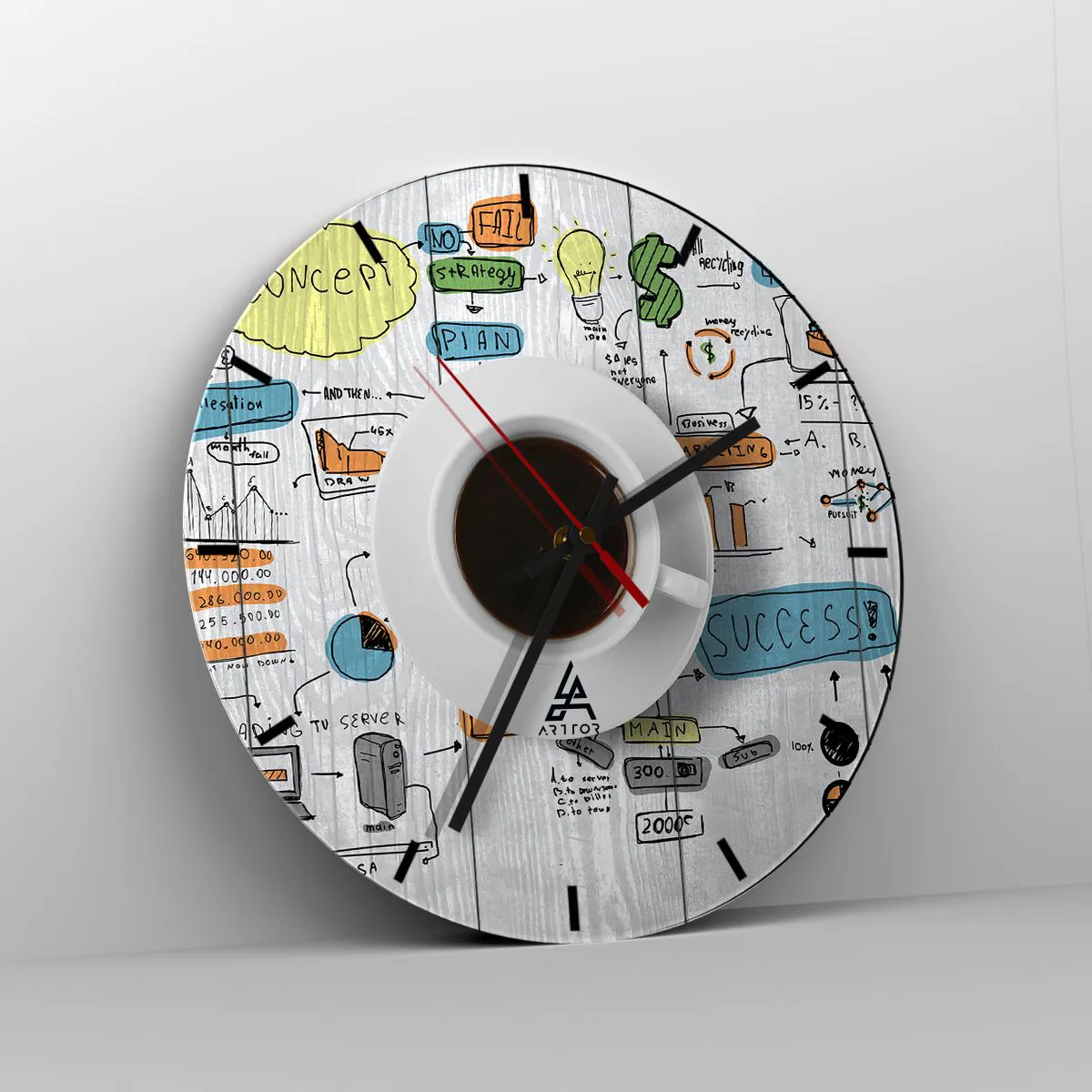 Wanduhr - Glasuhr - Eine Tasse Kaffee vor dem Hintergrund eines Businessplans und Diagrammen - 30x30cm - Zeit für eine Pause - Moderne Wanddekoration für Wohnzimmer, Küche und Schlafzimmer ARTTOR
