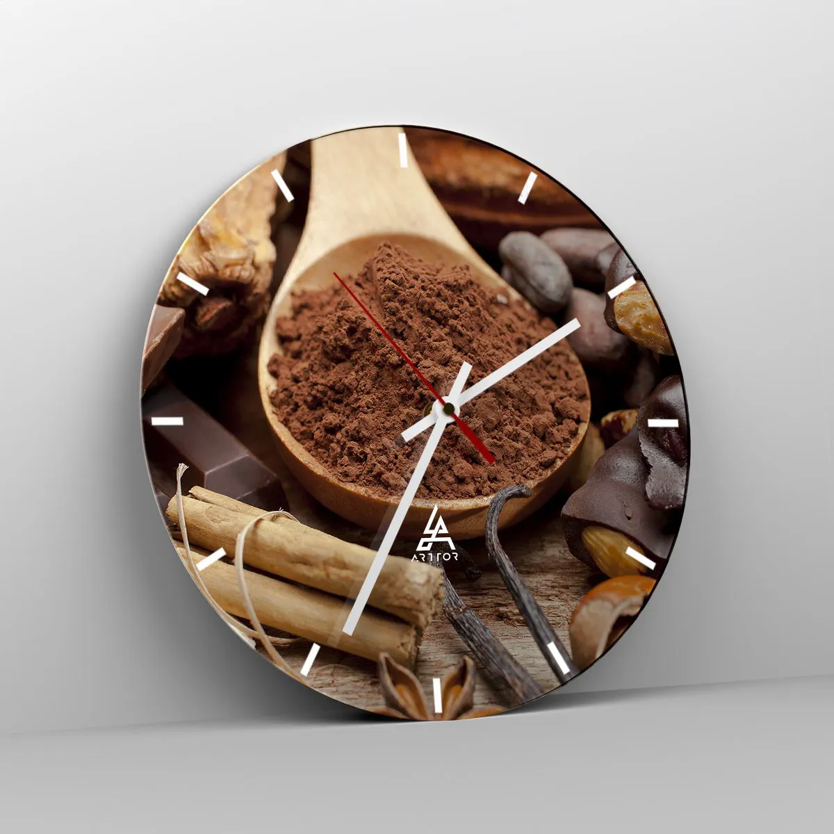 Nástěnné hodiny - Lžíce kakaa obklopená kořením a kousky čokolády - 30x30cm - Nejlepší na smutek - Moderní nástěnná dekorace do obývacího pokoje, kuchyně a ložnice ARTTOR