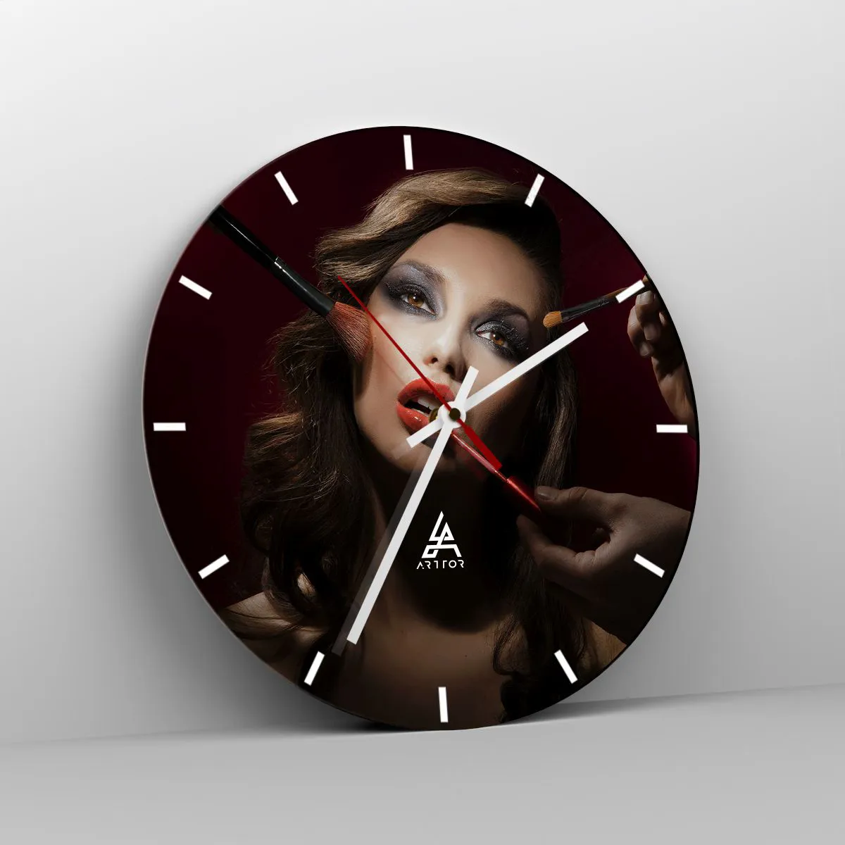 Wall clock - Clock on glass - Portrait of a woman getting her makeup done - 30x30cm - Beautiful and Dreamy - Modern wall decoration for the living room, kitchen, and bedroom ARTTOR