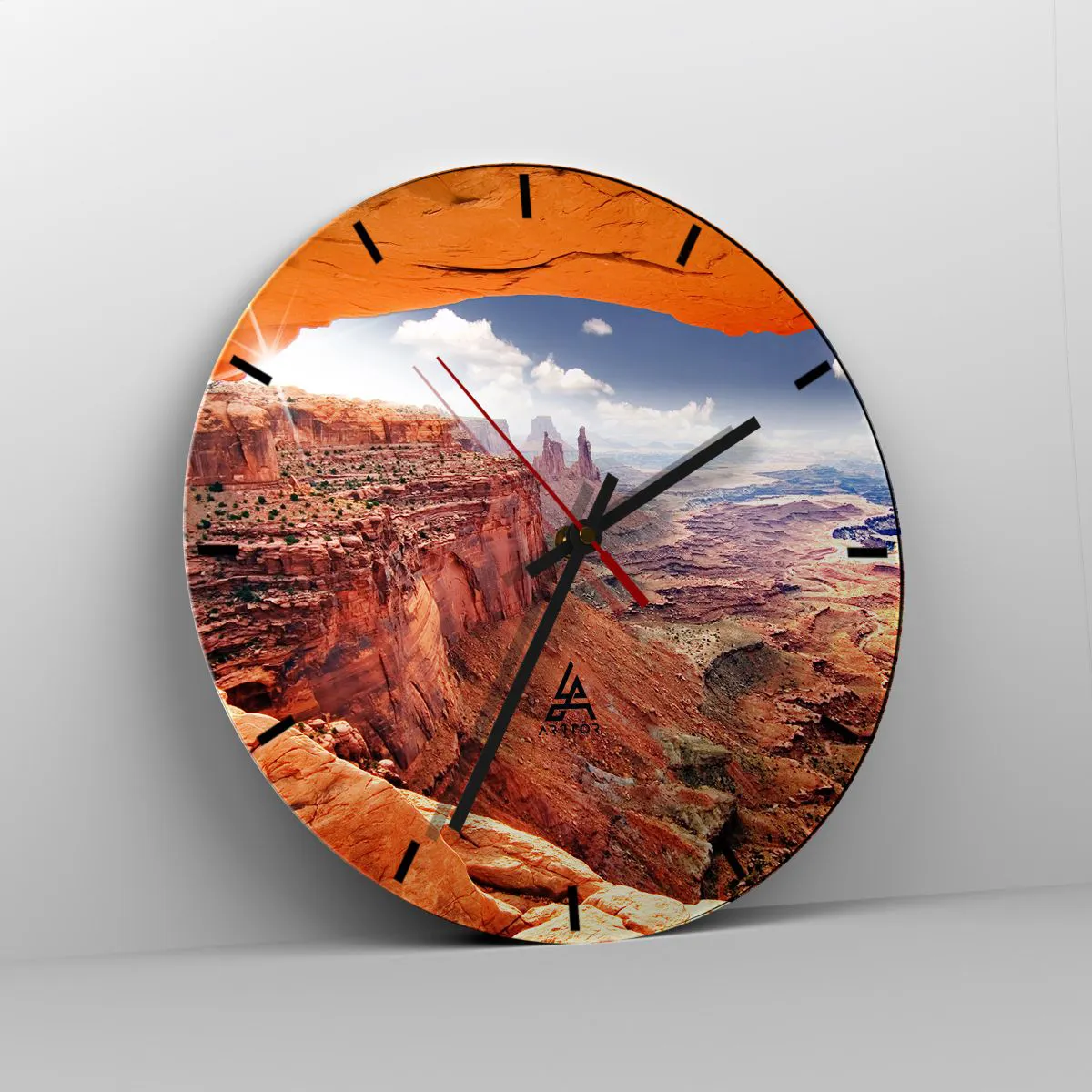 Ceas de perete - Ceas pe sticlă - Canion cu formațiune stâncoasă și cer albastru - 30x30cm - Sculptat de natura însăși - Decorațiune modernă pentru perete pentru living, bucătărie și dormitor ARTTOR