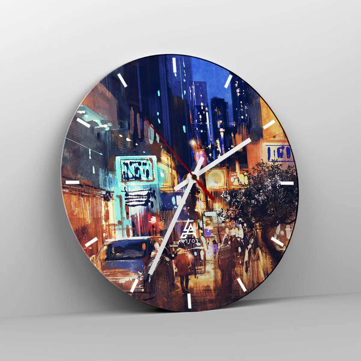 Väggklocka - Klocka på glas - Nattgata i urban konststil - 30x30cm - Och staden sover inte - Modern väggdekoration för vardagsrum, kök och sovrum ARTTOR