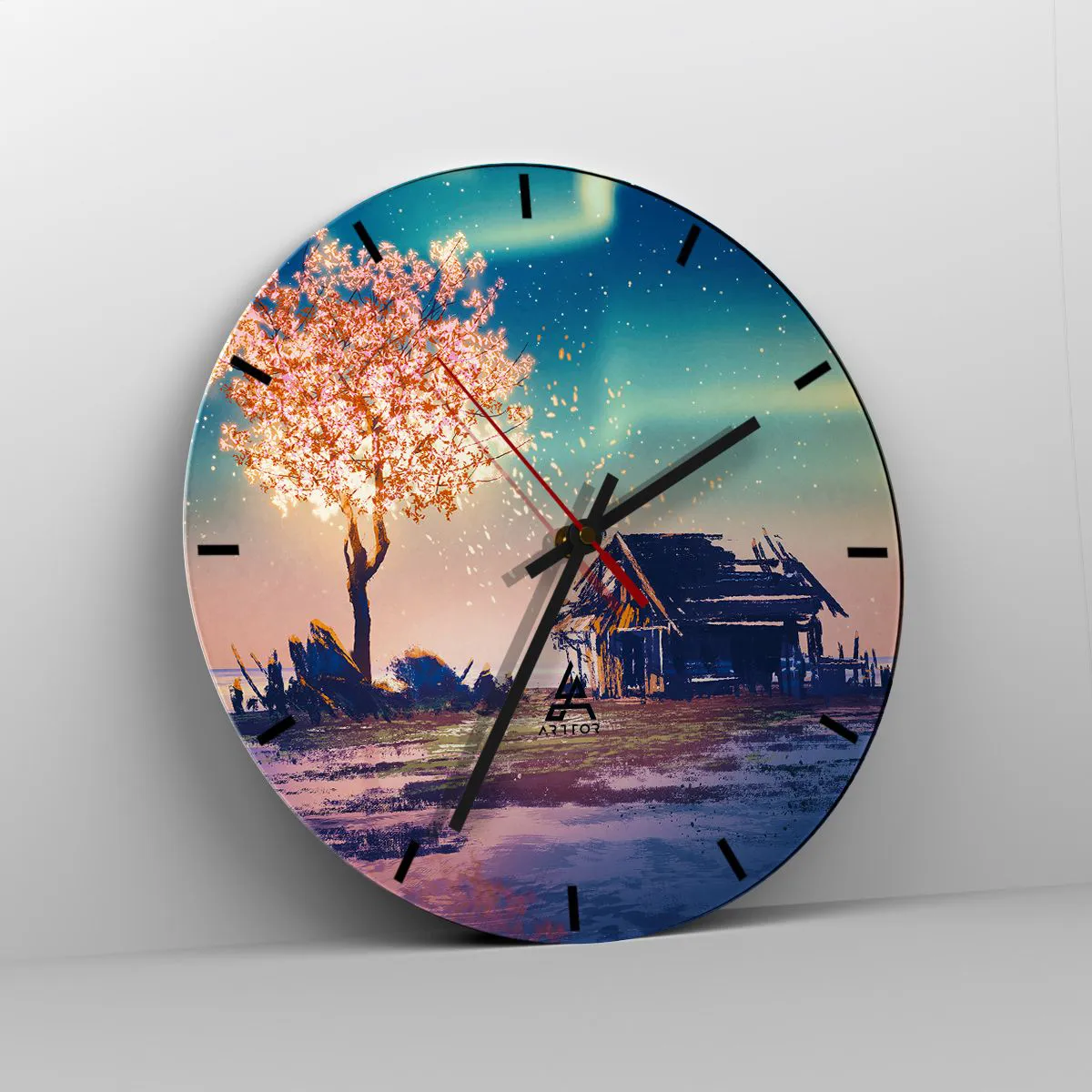 Wanduhr - Glasuhr - Baum und Hütte in der Abenddämmerung - 30x30cm - Die Natur vergeht nicht - Moderne Wanddekoration für Wohnzimmer, Küche und Schlafzimmer ARTTOR
