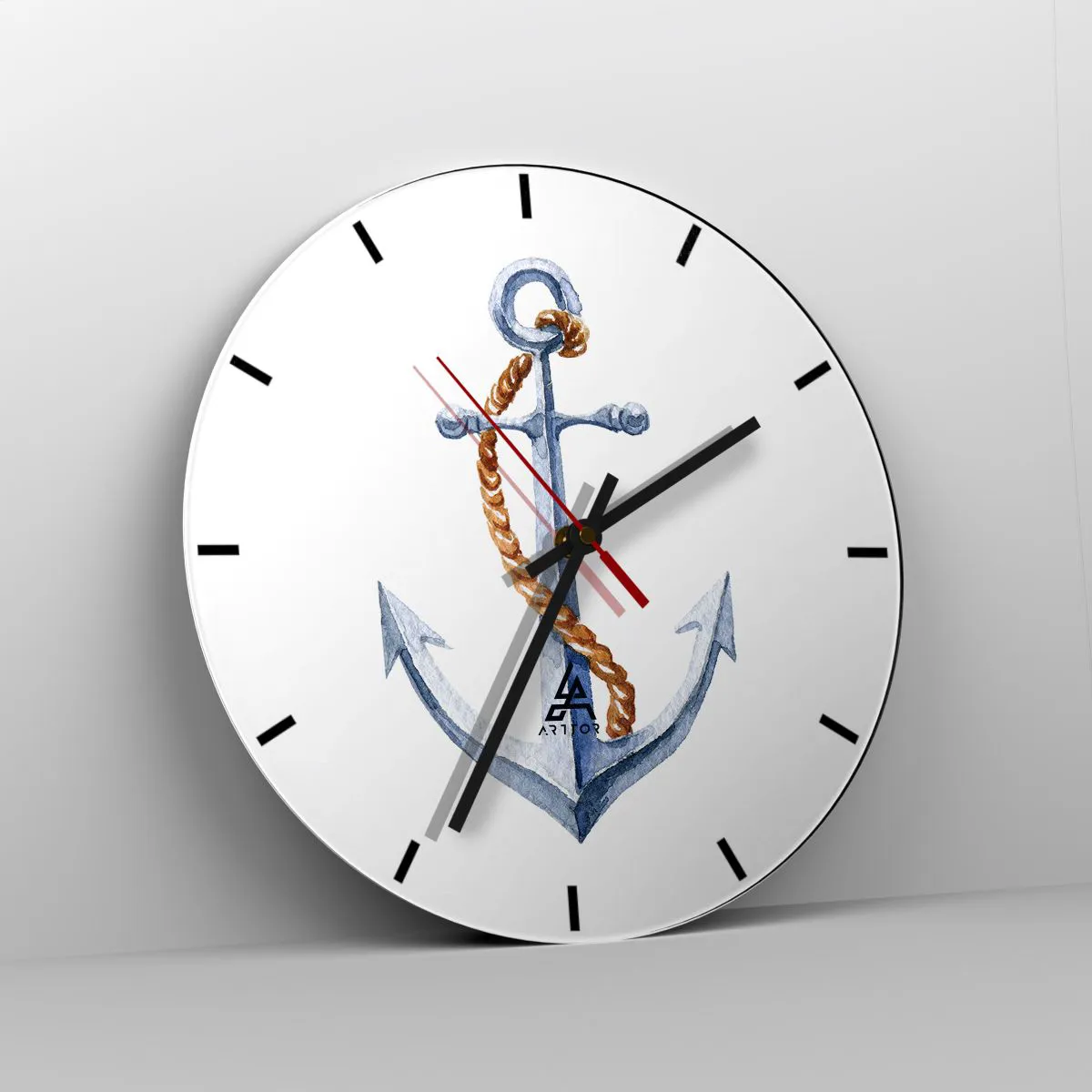 Relógio de parede - Relógio em vidro - Âncora com corda em fundo branco - 30x30cm - Ahoy aventura! - Decoração de parede moderna para a sala de estar, cozinha e quarto ARTTOR
