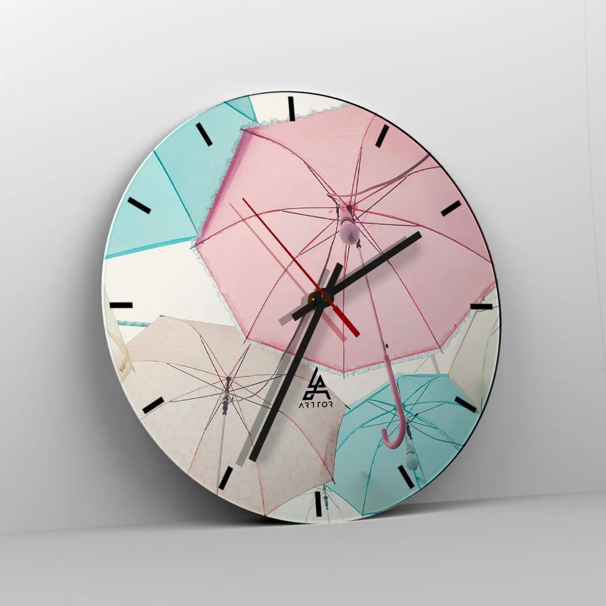 Zegar ścienny - Parasole w pastelowych kolorach - 30x30cm - Czasem słońce, czasem deszcz - Nowoczesna dekoracja ścienna do salonu, kuchni i sypialni ARTTOR