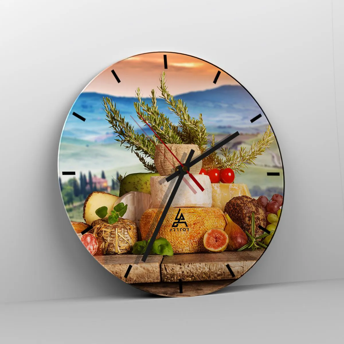 Ceas de perete - Ceas pe sticlă - Platou de brânzeturi cu garnituri pe un fundal peisagistic - 30x30cm - Bucurie de viață în stil italian - Decorațiune modernă pentru perete pentru living, bucătărie și dormitor ARTTOR