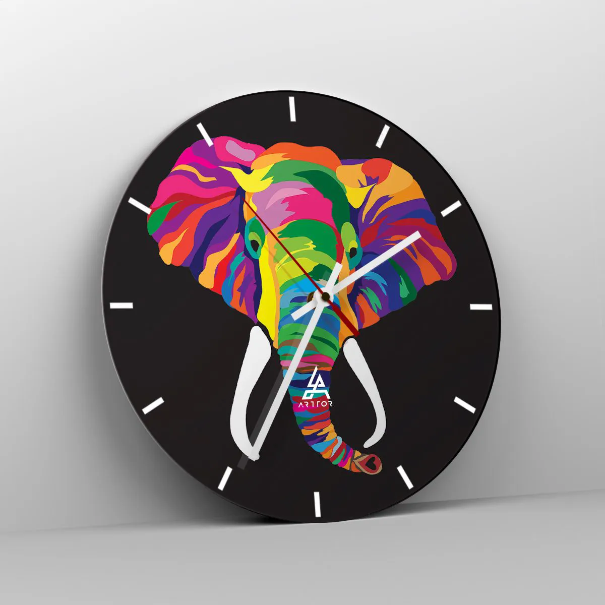 Wall clock - Clock on glass - Colorful elephant on a black background - 30x30cm - Elephant That Enjoyed Rainbow Bath - Modern wall decoration for the living room, kitchen, and bedroom ARTTOR
