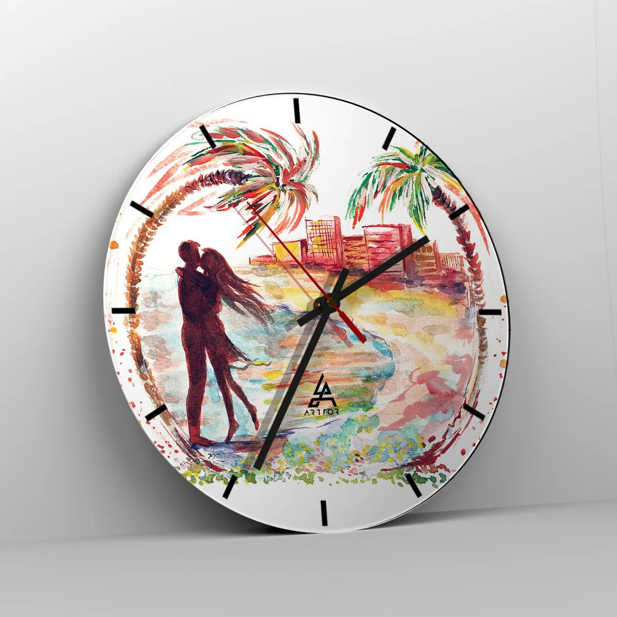 Wanduhr - Glasuhr - Romantisches Paar am Strand mit Palmen im Hintergrund - 30x30cm - Romantischer Urlaub - Moderne Wanddekoration für Wohnzimmer, Küche und Schlafzimmer ARTTOR