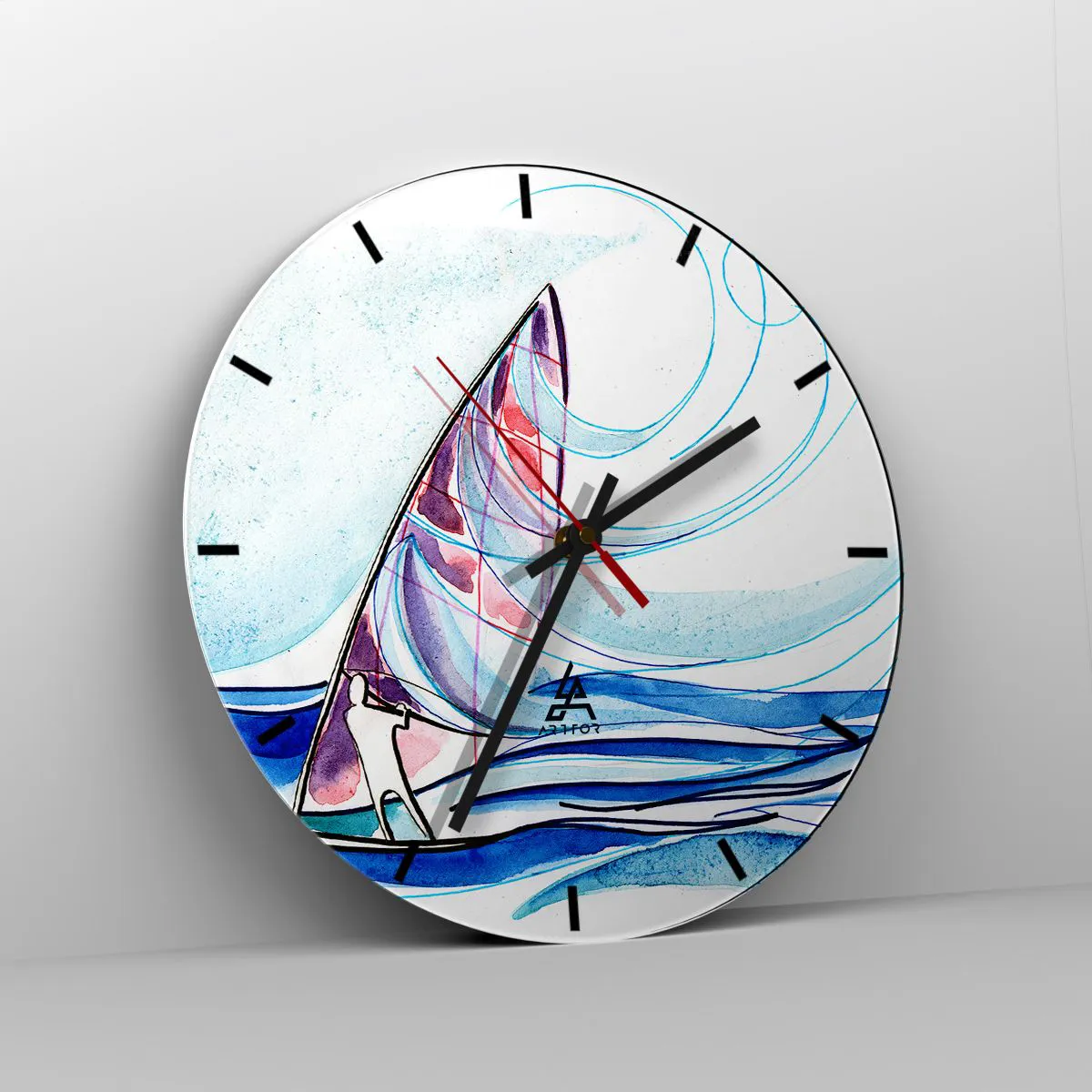 Horloge murale - Pendule murale - Un voilier sur une mer agitée dans une forme dynamique et abstraite - 30x30cm - Avec le vent au rythme des vagues - Décoration murale moderne pour le salon, la cuisine et la chambre ARTTOR
