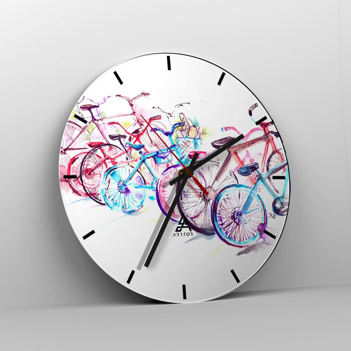Relógio de parede - Relógio em vidro - Bicicletas em aquarela em cores brilhantes sobre fundo branco - 30x30cm - Reunião do Clube Antimoto - Decoração de parede moderna para a sala de estar, cozinha e quarto ARTTOR