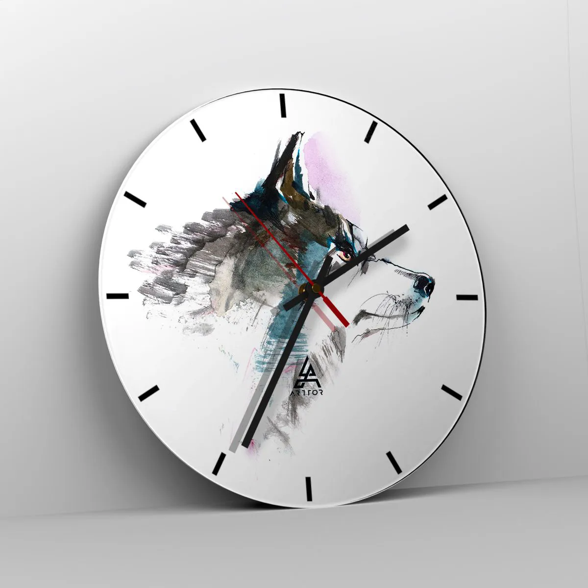 Ceas de perete - Ceas pe sticlă - Un lup în acuarelă în nuanțe delicate pe fundal alb - 30x30cm - Ce știm despre lup - Decorațiune modernă pentru perete pentru living, bucătărie și dormitor ARTTOR