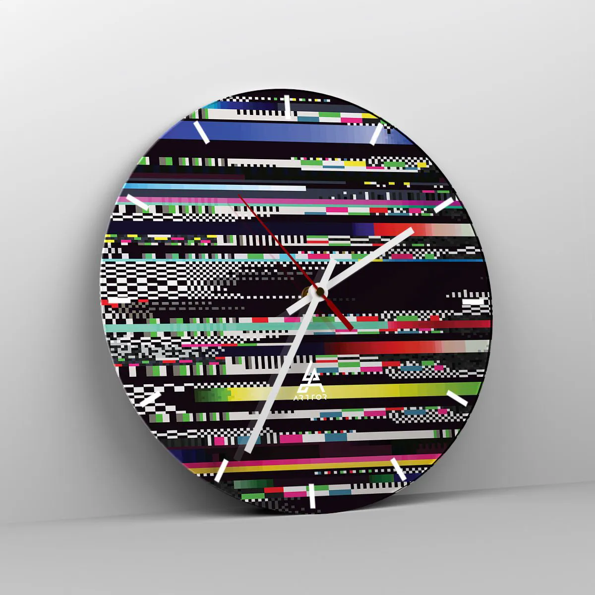 Ceas de perete - Ceas pe sticlă - Pictură abstractă cu dungi multicolore pe fundal negru - 30x30cm - Imaginea controlată a realității - Decorațiune modernă pentru perete pentru living, bucătărie și dormitor ARTTOR