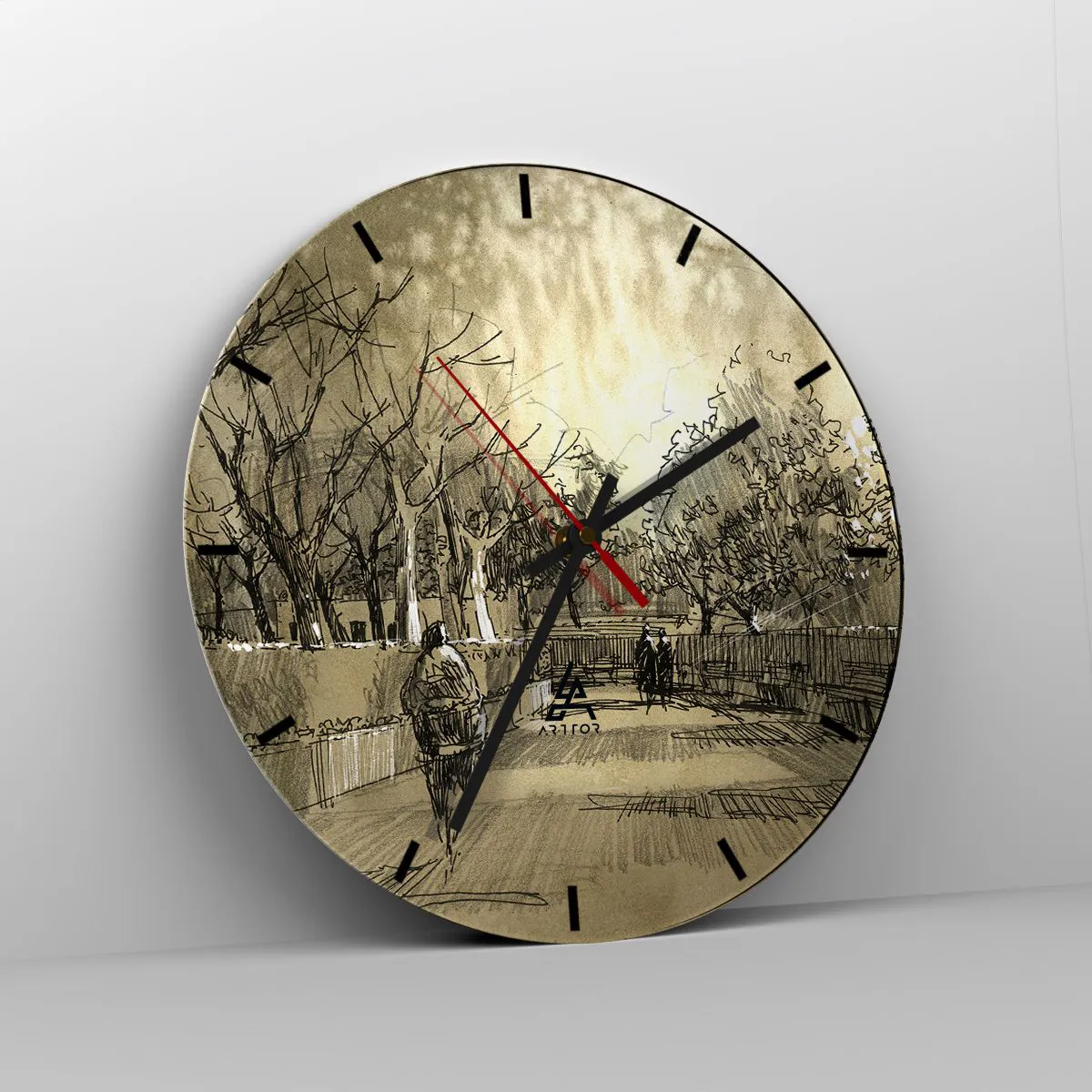 Relógio de parede - Relógio em vidro - Esboço de um passeio em um parque com caminhos e árvores - 30x30cm - Um momento capturado por uma pena - Decoração de parede moderna para a sala de estar, cozinha e quarto ARTTOR