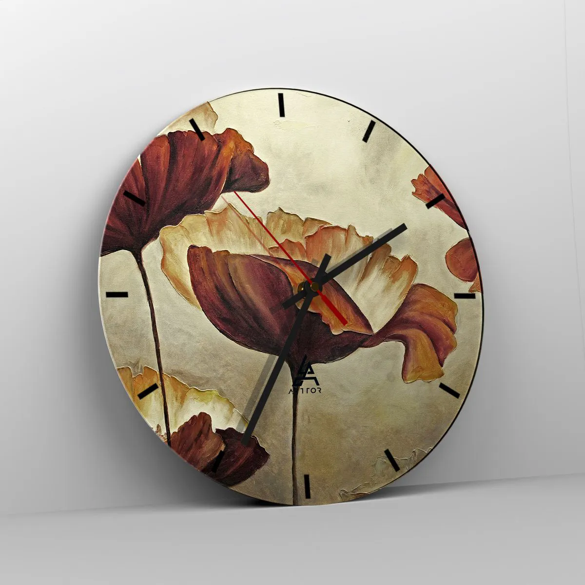 Väggklocka - Klocka på glas - Konstnärligt blommotiv i varma bruna och beige toner - 30x30cm - Ängsblommor - Modern väggdekoration för vardagsrum, kök och sovrum ARTTOR