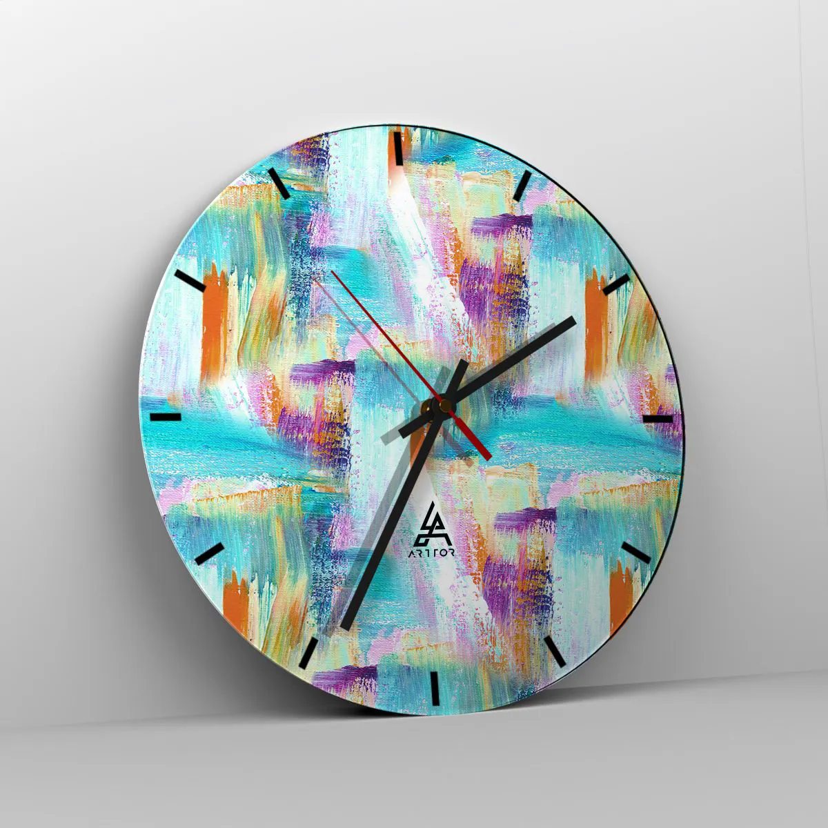 Väggklocka - Klocka på glas - Abstrakta penseldrag i livfulla färger - 30x30cm - Glatt klotter - Modern väggdekoration för vardagsrum, kök och sovrum ARTTOR