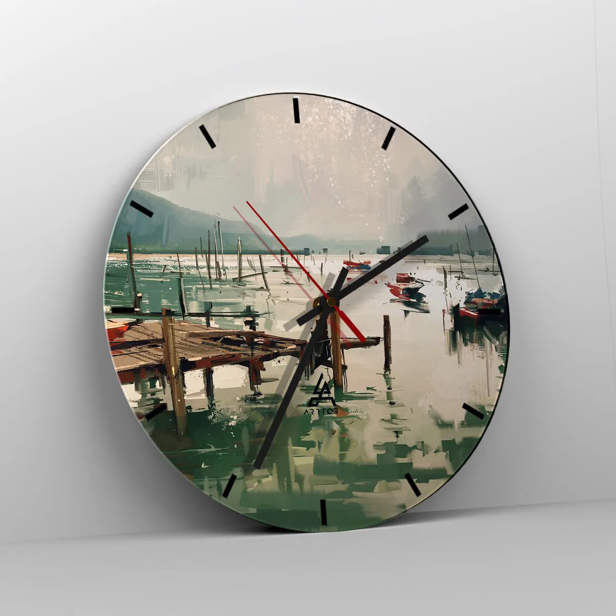 Wandklok - Klok - Sfeervolle pier met boten op kalm water - 30x30cm - Gedrenkt in een gesmolten maan - Moderne wanddecoratie voor woonkamer, keuken en slaapkamer ARTTOR