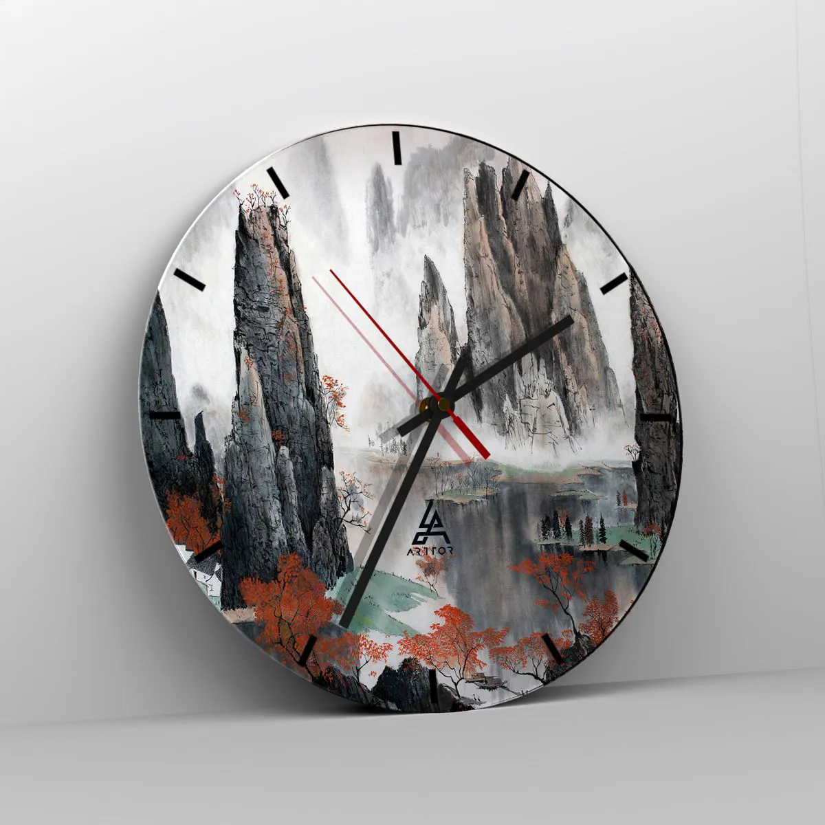 Wall clock - Clock on glass - Traditional mountain landscape with fog and red trees - 30x30cm - Giant Wardens - Modern wall decoration for the living room, kitchen, and bedroom ARTTOR